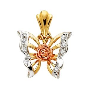 14K Tri Color CZ Butterfly Pendant